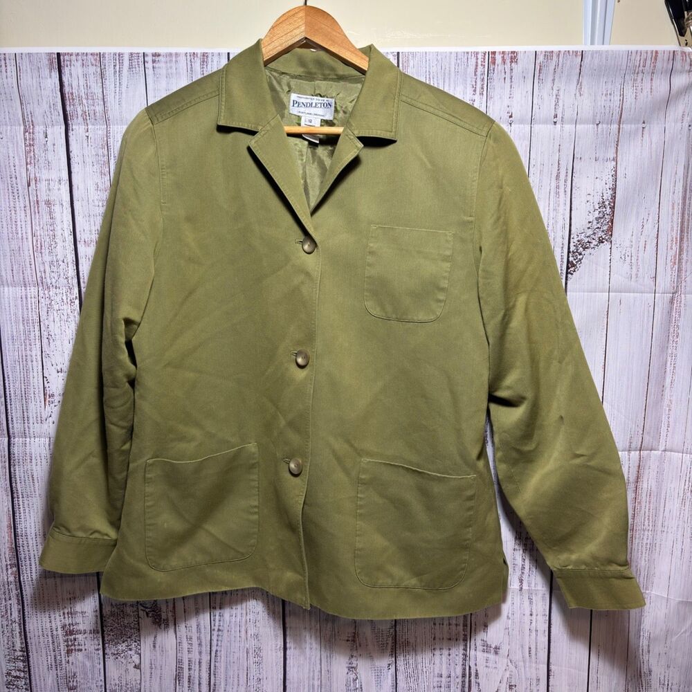 Pendleton Women’s Blazer Jacket Cotton Silk Green Button Front Size 12 Career